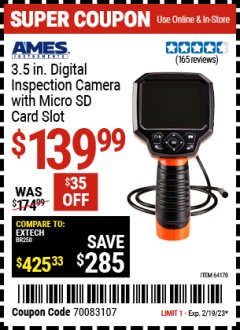 Harbor Freight Coupon 3.5" DIGITAL INSPECTION CAMERA WITH RECORDER Lot No. 64170 Expired: 2/19/23 - $139.99