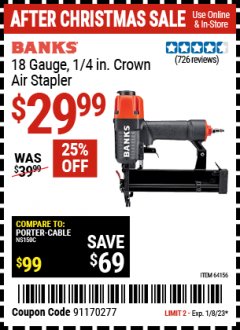 Harbor Freight Coupon 18 GAUGE, 1/4" CROWN AIR STAPLER Lot No. 64156 Expired: 1/8/23 - $29.99