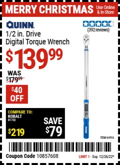 Harbor Freight Coupon 1/2" DRIVE DIGITAL TORQUE WRENCH Lot No. 64916 Expired: 12/26/22 - $139.99