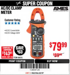 Harbor Freight Coupon 600A T-RMS AC/DC CLAMP METER Lot No. 64015 Expired: 6/2/19 - $79.99