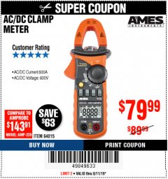Harbor Freight Coupon 600A T-RMS AC/DC CLAMP METER Lot No. 64015 Expired: 8/11/19 - $79.99
