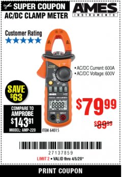 Harbor Freight Coupon 600A T-RMS AC/DC CLAMP METER Lot No. 64015 Expired: 6/30/20 - $79.99