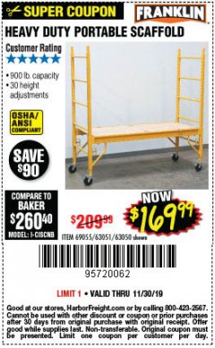 Harbor Freight Coupon HEAVY DUTY PORTABLE SCAFFOLD Lot No. 63050/63051/69055/98979 Expired: 11/30/19 - $169.99