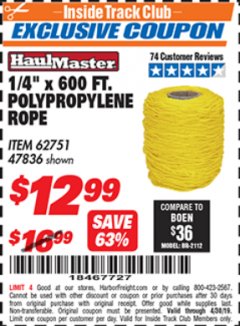 Harbor Freight ITC Coupon HAUL-MASTER 1/4 IN. X 600 FT. POLYPROPYLENE ROPE Lot No. 47836 Expired: 4/30/19 - $12.99