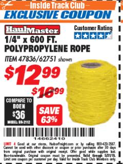Harbor Freight ITC Coupon HAUL-MASTER 1/4 IN. X 600 FT. POLYPROPYLENE ROPE Lot No. 47836 Expired: 5/31/18 - $12.99