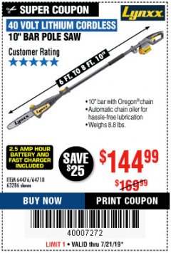 Harbor Freight Coupon 10" BAR POLE SAW Lot No. 64476/64718/63286 Expired: 7/21/19 - $144.99