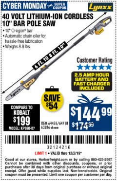 Harbor Freight Coupon 10" BAR POLE SAW Lot No. 64476/64718/63286 Expired: 12/1/19 - $144.99