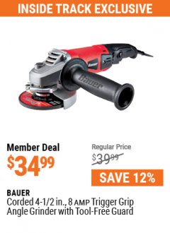 Harbor Freight ITC Coupon BAUER 8 AMP, 4-1/2 IN. TRIGGER-GRIP ANGLE GRINDER Lot No. 64742 Expired: 5/31/21 - $34.99