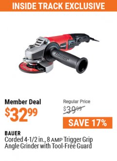 Harbor Freight ITC Coupon BAUER 4-1/2" TRIGGER GRIP ANGLE GRINDER Lot No. 64742 Expired: 7/29/21 - $32.99