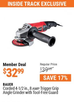 Harbor Freight ITC Coupon BAUER 8 AMP, 4-1/2 IN. TRIGGER-GRIP ANGLE GRINDER Lot No. 64742 Expired: 7/29/21 - $32.99
