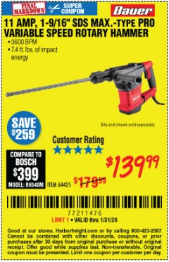 Harbor Freight Coupon 11 AMP, 1-9/16" SDS MAX TYPE PRO VARIABLE SPEED ROTARY HAMMER KIT Lot No. 64425 Expired: 1/31/20 - $139.99