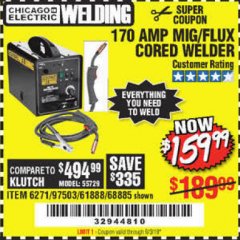 Harbor Freight Coupon 170 AM MIG/FLUX CORED WELDER Lot No. 6271/97503/61888/68885 Expired: 9/3/19 - $30