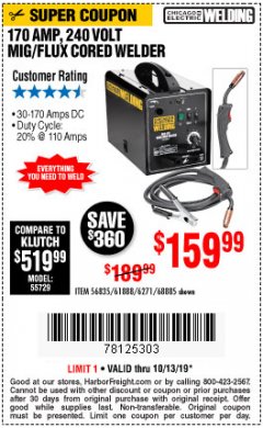 Harbor Freight Coupon 170 AM MIG/FLUX CORED WELDER Lot No. 6271/97503/61888/68885 Expired: 10/13/19 - $159.99