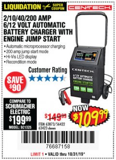 Harbor Freight Coupon CEN-TECH 2/10/40/200 AMP 6/12 VOLT AUTOMATIC BATTERY CHARGER WITH ENGINE JUMP START Lot No. 63423/56422/63873 Expired: 10/31/19 - $109.99