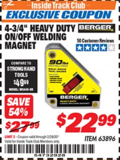 Harbor Freight ITC Coupon 4 3/4" HEAVY DUTY ON/OFF WELDING MAGNET Lot No. 63896 Expired: 2/29/20 - $22.99