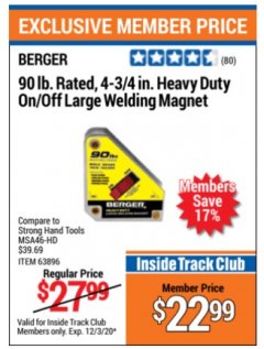 Harbor Freight ITC Coupon 4 3/4" HEAVY DUTY ON/OFF WELDING MAGNET Lot No. 63896 Expired: 12/3/20 - $22.99