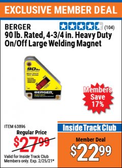 Harbor Freight ITC Coupon 4 3/4" HEAVY DUTY ON/OFF WELDING MAGNET Lot No. 63896 Expired: 2/25/21 - $22.99