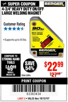 Harbor Freight Coupon 4 3/4" HEAVY DUTY ON/OFF WELDING MAGNET Lot No. 63896 Expired: 10/13/19 - $22.99
