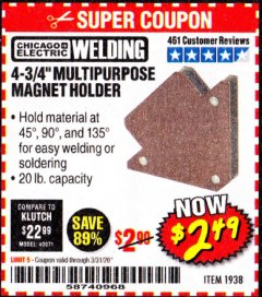 Harbor Freight Coupon 4 3/4" HEAVY DUTY ON/OFF WELDING MAGNET Lot No. 63896 Expired: 3/31/20 - $2.49