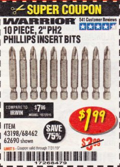 Harbor Freight Coupon 10 PIECE, 2' PH2 PHILLIPS INSERT BITS Lot No. 43198, 68462, 62690 Expired: 7/31/19 - $1.99