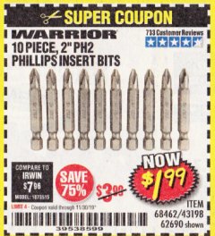 Harbor Freight Coupon 10 PIECE, 2' PH2 PHILLIPS INSERT BITS Lot No. 43198, 68462, 62690 Expired: 11/30/19 - $1.99