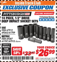 Harbor Freight ITC Coupon 10 PIECE, 1/2" DRIVE DEEP IMPACT SOCKET SETS Lot No. 67912/69263/61709/69287/61707/67915 Expired: 11/30/19 - $26.99
