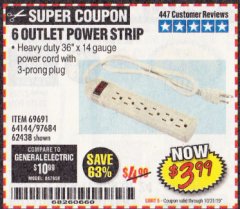 Harbor Freight Coupon 6 OUTLET POWER STRIP Lot No. 69691, 64144, 97684, 62438 Expired: 10/31/19 - $3.99
