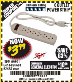 Harbor Freight Coupon 6 OUTLET POWER STRIP Lot No. 69691, 64144, 97684, 62438 Expired: 6/30/20 - $3.99