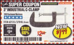 Harbor Freight Coupon 3" INDUSTRIAL C-CLAMP Lot No. 62135, 37846 Expired: 10/31/19 - $1.99