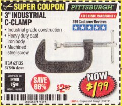 Harbor Freight Coupon 3" INDUSTRIAL C-CLAMP Lot No. 62135, 37846 Expired: 11/30/19 - $1.99