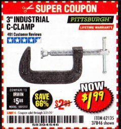 Harbor Freight Coupon 3" INDUSTRIAL C-CLAMP Lot No. 62135, 37846 Expired: 3/31/20 - $1.99