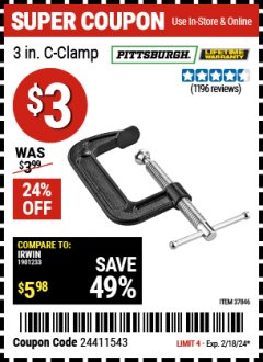 Harbor Freight Coupon 3" INDUSTRIAL C-CLAMP Lot No. 62135, 37846 Expired: 2/18/24 - $3