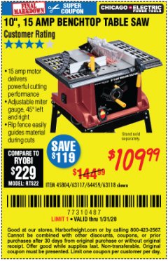 Harbor Freight Coupon 10", 15 AMP BENCHTOP TABLE SAW Lot No. 45804/63117/64459/63118 Expired: 1/31/20 - $109.99
