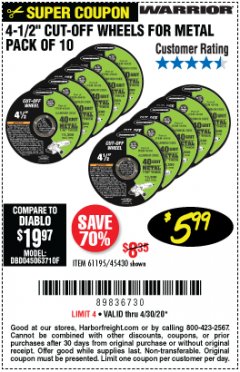 Harbor Freight Coupon 4-1/2" CUT-OFF WHEELS FOR METAL-PACK OF 10 Lot No. 61195/45430 Expired: 6/30/20 - $5.99