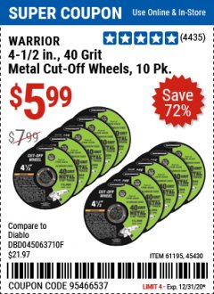 Harbor Freight Coupon 4-1/2" CUT-OFF WHEELS FOR METAL-PACK OF 10 Lot No. 61195/45430 Expired: 12/31/20 - $5.99