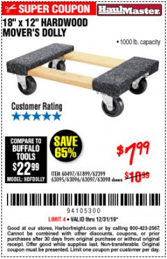 Harbor Freight Coupon 18"X12", 1000 LB. HARDWOOD MOVER'S DOLLY Lot No. 63095/63098/63097/60497/63096/61899 Expired: 12/31/19 - $7.99