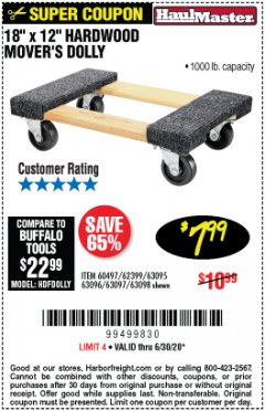 Harbor Freight Coupon 18"X12", 1000 LB. HARDWOOD MOVER'S DOLLY Lot No. 63095/63098/63097/60497/63096/61899 Expired: 6/30/20 - $7.99