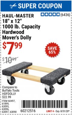 Harbor Freight Coupon 18"X12", 1000 LB. HARDWOOD MOVER'S DOLLY Lot No. 63095/63098/63097/60497/63096/61899 Expired: 8/31/20 - $7.99