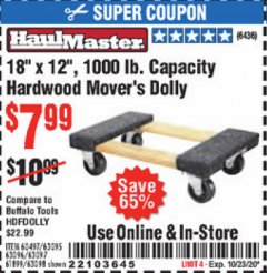 Harbor Freight Coupon 18"X12", 1000 LB. HARDWOOD MOVER'S DOLLY Lot No. 63095/63098/63097/60497/63096/61899 Expired: 10/23/20 - $7.99