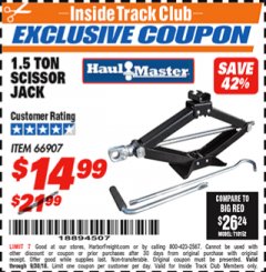 Harbor Freight ITC Coupon HAUL-MASTER 1-1/2 TON SCISSOR JACK Lot No. 66907 Expired: 9/30/18 - $14.99