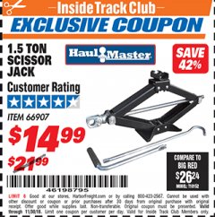 Harbor Freight ITC Coupon HAUL-MASTER 1-1/2 TON SCISSOR JACK Lot No. 66907 Expired: 11/30/18 - $14.99