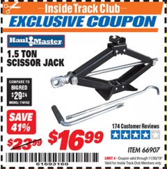 Harbor Freight ITC Coupon HAUL-MASTER 1-1/2 TON SCISSOR JACK Lot No. 66907 Expired: 11/30/19 - $16.99