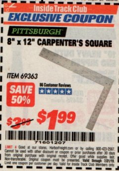 Harbor Freight ITC Coupon 8" X 12" CARPENTER'S SQUARE Lot No. 69363 Expired: 7/31/19 - $1.99