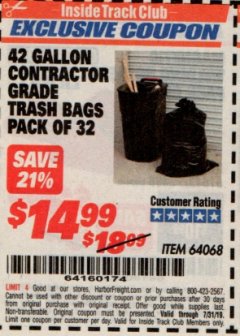 Harbor Freight ITC Coupon 24 GALLON CONTRACTOR GRADE TRASH BAGS PACK OF 32 Lot No. 64068 Expired: 7/31/19 - $14.99
