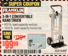 Harbor Freight Coupon FRANKLIN 3-IN-1 CONVERTIBLE HAND TRUCK Lot No. 56409 Expired: 7/31/19 - $99.99