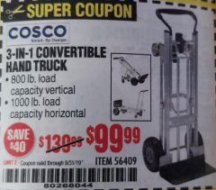 Harbor Freight Coupon FRANKLIN 3-IN-1 CONVERTIBLE HAND TRUCK Lot No. 56409 Expired: 8/31/19 - $99.99