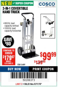 Harbor Freight Coupon FRANKLIN 3-IN-1 CONVERTIBLE HAND TRUCK Lot No. 56409 Expired: 8/11/19 - $99.99