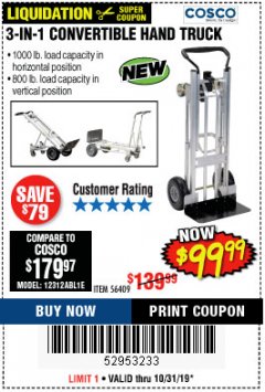 Harbor Freight Coupon FRANKLIN 3-IN-1 CONVERTIBLE HAND TRUCK Lot No. 56409 Expired: 10/31/19 - $99.99