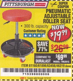 Harbor Freight Coupon MECHANIC'S ROLLER SEAT, PNEUMATIC ADJUSTABLE ROLLER SEAT Lot No. 61653, 3338, 61896, 61160, 63456, 46319 Expired: 12/13/19 - $19.99