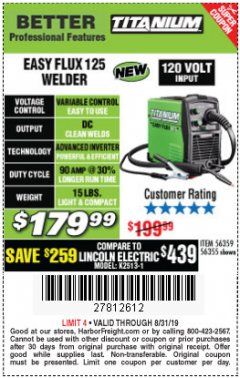 Harbor Freight Coupon TITANIUM EASY-FLUX 125 WELDER Lot No. 56359/56355 Expired: 8/31/19 - $179.99